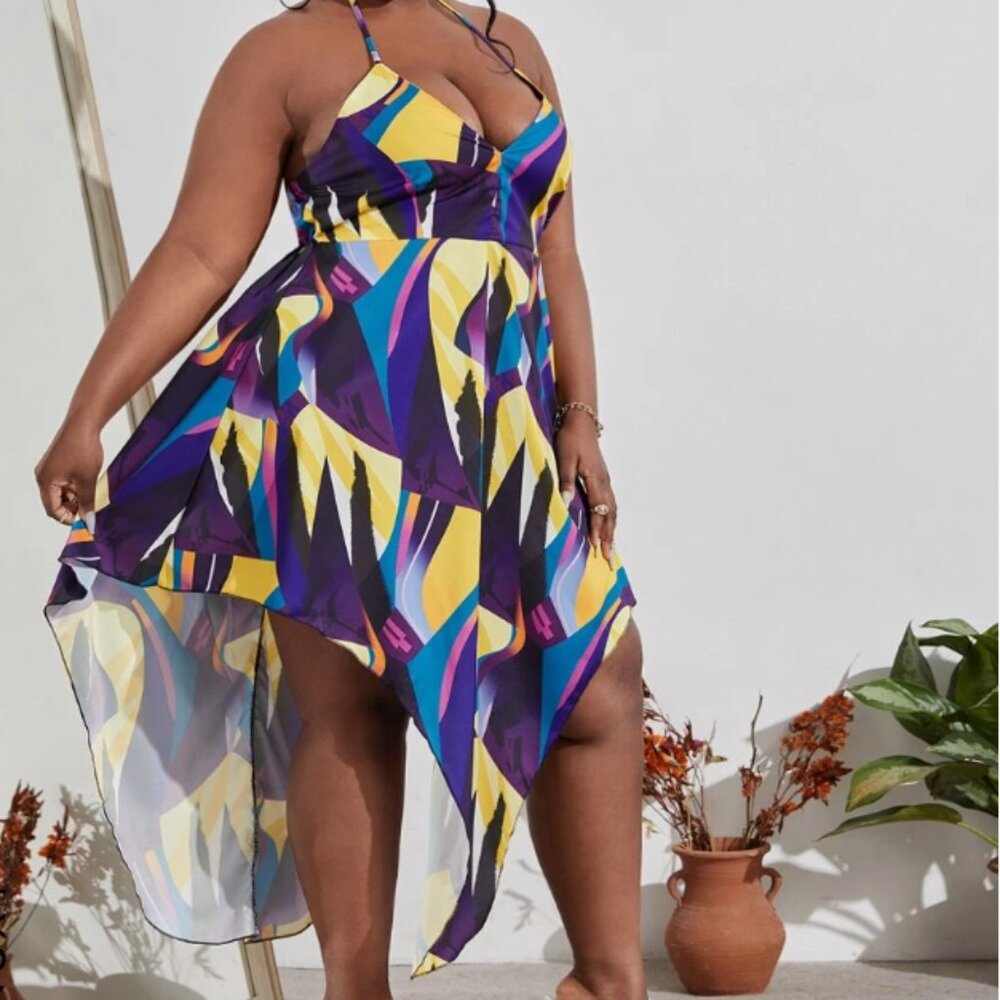 All Over Print Backless Asymmetrical Hem Dress 3X